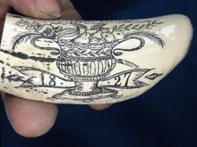 Lade das Bild in den Galerie-Viewer, Sperm Whale Tooth Replica Scrimshaw 4 Inches Long Whaler Lion Resin Model