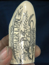 Lade das Bild in den Galerie-Viewer, Sperm Whale Tooth Replica Scrimshaw 4 Inches Long Whaler Lion Resin Model