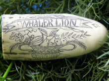 Lade das Bild in den Galerie-Viewer, Sperm Whale Tooth Replica Scrimshaw 4 Inches Long Whaler Lion Resin Model